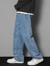 Men's Jeans 2024 New Korean Mens Casual Long Jeans Classic Man Straight Denim Wide-leg Pants Solid Colour Light Blue Grey Black 3XL Y240507