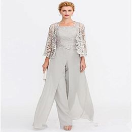 2019 Newest Grey Mother of The Bride Dresses Two Pieces Lace Jackets Mothers Dresses For Wedding Events Pants Suit Evening Gown 232w