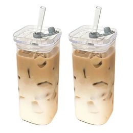 Square Heat Resistant Coffee Glass Cup With Lid and Straw Transparent Milk Tea Juice Cups Mug For Home Drinkware 240420