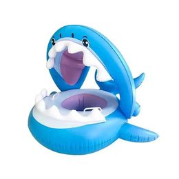 1pc Blue Shark Inflatable Seat Ring Thickened PVC Swimming With Sunshade Beach Pool Floating 240506