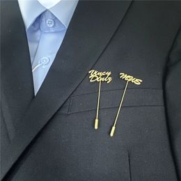 Personalised 1-2Names Long Pin Brooch Stainless Steel Customised Lapel Pin for Groom Men Women Daily Jewellery Gifts 240507