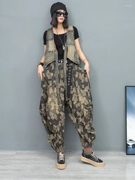Women's Two Piece Pants Fashion Personality Distressed Color-blocked Denim Strappy Vest Elastic Waist Harem Two-piece Loose Suit