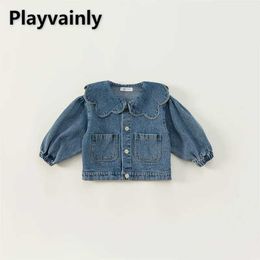 Jacken koreanischer Stil Frühlings-/Sommer/Herbst -Kinder -Denimjacke mit Faltenkragen Langsame Modeversion Kleidung E82075 H240507