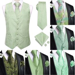 HiTie Teal Paisley Mens Vest Tie Business Formal Dress Silk Sleeveless Jacket 4PC Hanky Cufflink Suit Waistcoat Wedding 240507