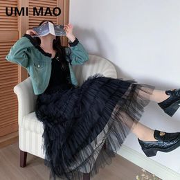 Casual Dresses UMI MAO Cowboy Two Piece Set Dress Elegant Fashion Femme Spring Summer Beach Mesh Cake Coat Women Y2K