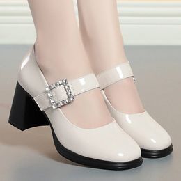 Lolita Style Women Pumps Summer Block Heeled Mary Jane Shoes Comfy Crystal Buckle Decor Patent Leather Sweet Footwear 240428