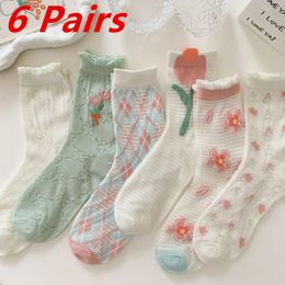 Women Socks 6 Pairs Lot Fashion Cotton Flower Sock Transparent Summer Floral Lady Girl Thin Short Mesh Fishnet Ruffle For