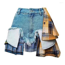 Women's Jeans American Style Personality Design Sense Denim Skirt For Irregular Plaid Patchwork High Waisted Short