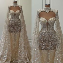 Wedding Light Mermaid Champagne Chart Dress Saudi Arabic Beading Lace Wedding Dresses High Neck Long Puffy Sleeves Dubai Bridal Gowns es