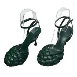 Sandals 2024 Woven Closed Toe High Heel Woman Shoe Padded Leather Buckle Strap Leisure Dress Sandal Runway Thin