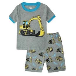 Pajamas Hooyi Digger baby pajama set summer T-shirt pants childrens clothing set 100% pure cotton childrens pajama T-shirtL2405