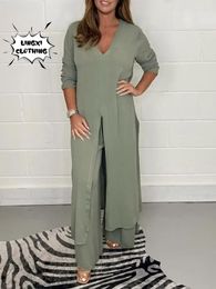Women's Two Piece Pants 2024 Summer Fashion Set Split Long Top Casual Wide Leg Elegant Large Size Loose Fitting