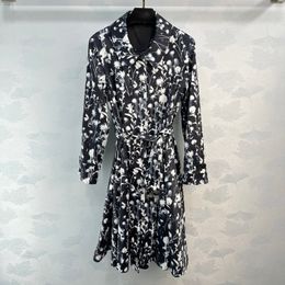 Womens Dress European Fashion brand White floral printed long sleeved black trench coat dress