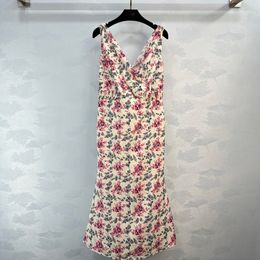 Women's dress pink floral printed V-neck sleeveless gather waist backless vest midi dress