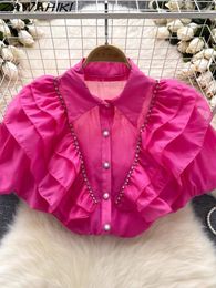 Women's Blouses Top Female Fashin Designer Ruffles Patchwork T-shirts Puff Sleeve Loose Mujer Camisetas Solid Colour Women Clothing