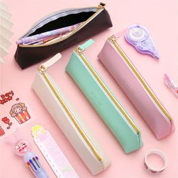 Simple Cute Pencil Case PU Leather Pencil Bag Solid Colour Pen Case School Supplies Storage Bag Girls Pen Bag Gifts for Children