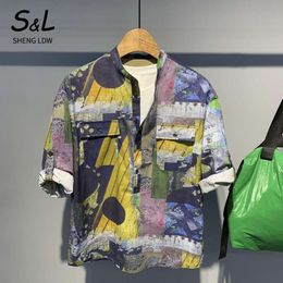 Summer versatile for men, loose graffiti print, trendy men's quarter sleeved shirt, summer fashionable casual jacket 855