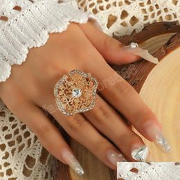 Band Rings Korean Gold Hollow Flower Finger Ring For Women Bridal Crystal Wedding Engagement Valentines Day Gift Drop Delivery Jewelr Dhcnc