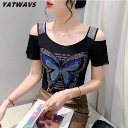 Women's T-Shirt New 2024 Summer Fashion European Womens T-Shirt Clothes Sexy Off Shoulder Shiny Butterfly s Tees Streetwear Girl Tops d240507