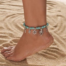 Anklets Vacation Style Turquoise Beaded Conch Octopus Alloy Tassel Pendant For Women's Ankles