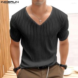 Men's T Shirts INCERUN Tops 2024 Korean Style Fashion Men Slightly Transparent V-neck Striped T-shirts Male Casual Short Sleeved Camiseta