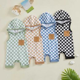 Rompers Toddler Baby Boy Summer Checkerboard Pocket Hooded Sleeveless Jumpsuits Playsuit For Newborn Infant Casual Clothes H240507