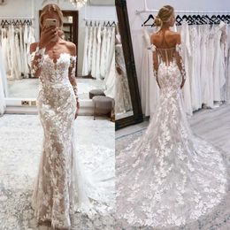 Kıyafetler Moda Omuz Omuz Denizkızı Dantel Uzun Kollu Gelinlik Süpürme Tren Düğmesi Düğün Gelin Gowns