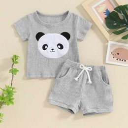 Clothing Sets Baby Shorts Set Short Sleeve Crew Neck Embroidery Panda T-shirt with 2-piece Outfit Newborn Clothes H240507
