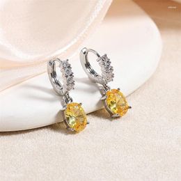 Hoop Earrings Fashion Yellow Oval Zircon Drop For Women Shiny Geometric Crystal Zirconia Bridal Earring Luxury Wedding Jewellery