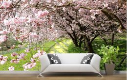 3d wallpaper for room Cherry tree flowers beautiful backdrop stone road path 3d murals wallpaper for living room9745974