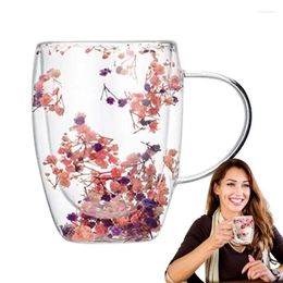 Wine Glasses 1PCS 350ml Double Wall Glass Cup With Handle Dried Flower Decorated Coffee Milk Mug Heat Resistant Tea Cups Kitchen Supplies