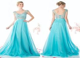 Turquoise Chiffon Sheer V Neck Capped Sleeves A Line Prom Dresses Long Sexy Backless Fitted Beaded Sweep Train Bridal Gowns Custom1761541