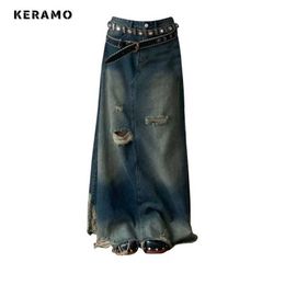 Skirts American retro denim tight fitting womens fashion tear design bag A-line long leather 2024 Harajuku casual street clothing womens clothing Q240507