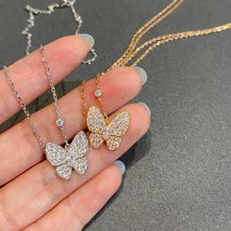 Designer Van Full Diamond Butterfly Necklace 925 Sterling Silver Plated 18K Rose Gold White Lock Bone Chain