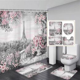 Curtains Vintage Paris Tower Shower Curtain Set Pink Floral Black White Town Fashion Girls Bathroom Decor Rug Bath Mats Toilet Lid Cover