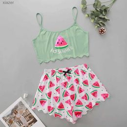 Women's Sleepwear 2PCS cute and comfortable fruit printed Pyjamas sleeveless Pyjama top and Pyjama shorts set womens casual wear and Pyjamas WX