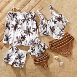 G9EC Family Matching Outfits Family Matching Outfits Swimwears Allover Coconut Tree Print Spliced Ruched One-piece Swimsuit and Swim Trunks d240507