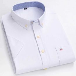 Men's Dress Shirts Summer Casual Short Sle Oxford Shirts Single Patch Pocket Comfortable 100% Cotton Mens Standard-fit Plaid Striped Shirt d240507
