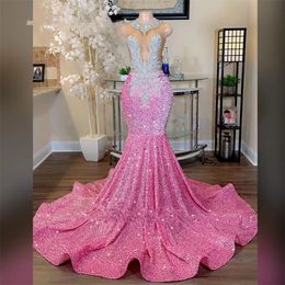 Pink O Neck Long Prom Dress For Black Girls 2024 Sparkly Sequined Birthday Party Dresses Mermaid Evening Gowns Beaded Appliques