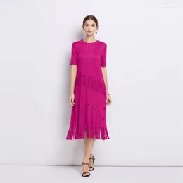 Party Dresses 2024 Summer Rose Red Miyake A Line Dress Elegant Women Round Collar Short Sleeve Tassel Floral Hollow Out Pleated Midi