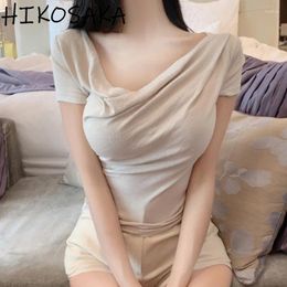 Women's T Shirts Slim-fit Slingneck Short-sleeved T-shirt Woman Folds Slim Waist Crop Top Summer Korean Chic Pile Collar Solid Aesthetic