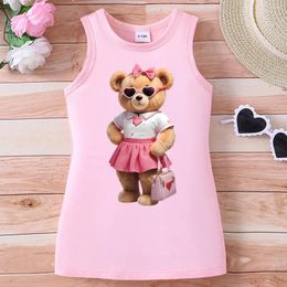 Girl Dresses Summer Girl's Round Neck Sleeveless Cute Teddy Bear Cartoon Pattern A-line Dress Casual Infant Toddler