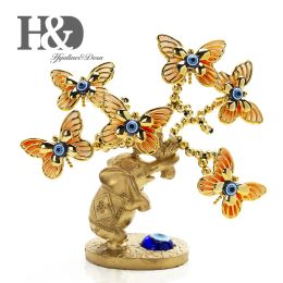 Miniatures H&D Resin Elephant Butterfly Tree Figurine Lucky Blue Evil Eye Tree for Money Protection Wealth Good Luck Xmas Gift Home Decor