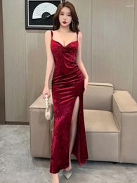 Casual Dresses Sexy Spaghetti Strap Velvet Long For Women Evening Party Dress Prom Robe Bodycon High Split Maxi Vestidos 2024