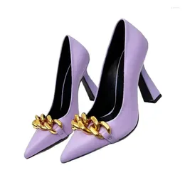 Dress Shoes Spring High Heel Women Pump Pointy Gold Chain Slip On Runway Designer Shoe Real Leather Strange Formal