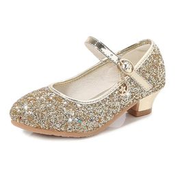 Princess Kids Girls Party Shining Flats Shoes Anti-slip Soft Children Sequins High Heels Shoes Birthday Holiday Casual Shoes 240506