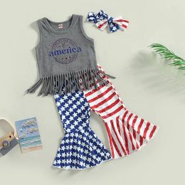 Clothing Sets Toddler Girls 4th Of July Memorial Day Outfit Print Tassel Tank Tops Patriotic Shirt Flared Pants With Headband