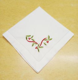 Set of 12 Home Textiles Christmas Dinner Napkins White Hemstitched 100 linen Fabric Table Napkin with Colour Embroidered Floral Te4053823