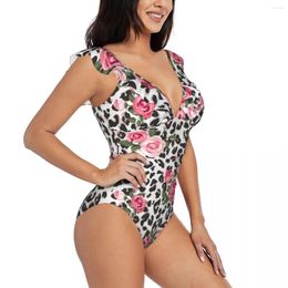 Women's Swimwear Ruffled One-piece Swimsuit Women Cute Rose Mix Leopard Pattern Sexy Lace Up Monokini Girl Beach Bathing Suit