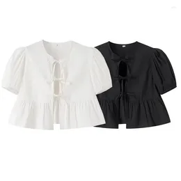 Women's Blouses White Crop Top Women Black Ruffle Short Puff Sleeve Blouse Female Bow Tied Summer Woman 2024 Ruched Cute Tops